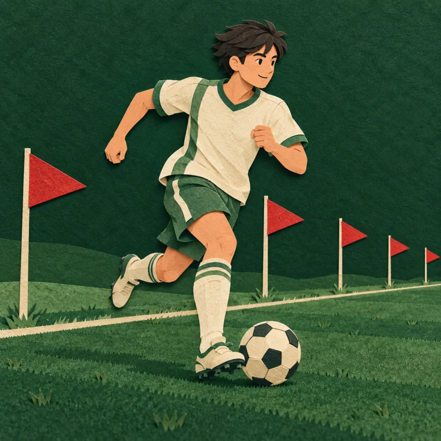 A footballer runs past red flags on a green pitch