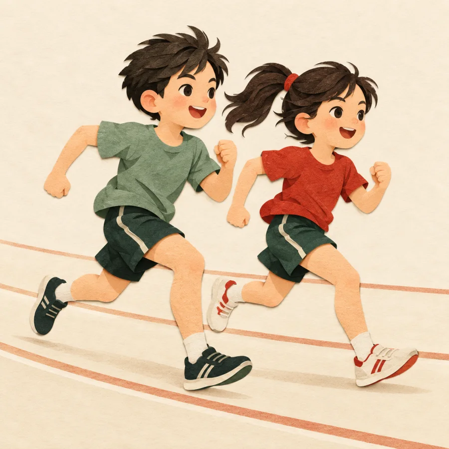 Two children sprint side by side on a running track