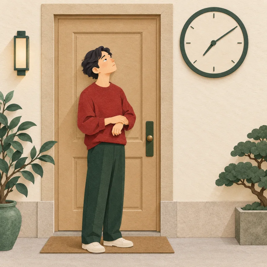 A person by a door checks a wall clock yet again