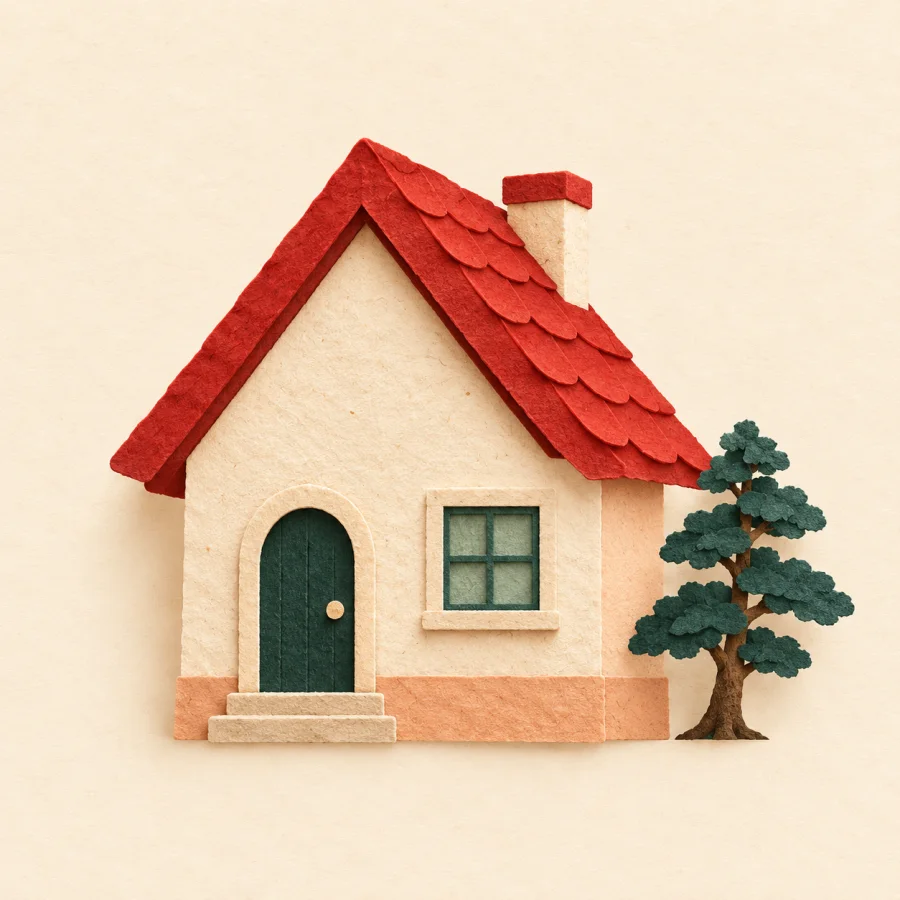 A house with a red triangular roof stands in a field by a pine