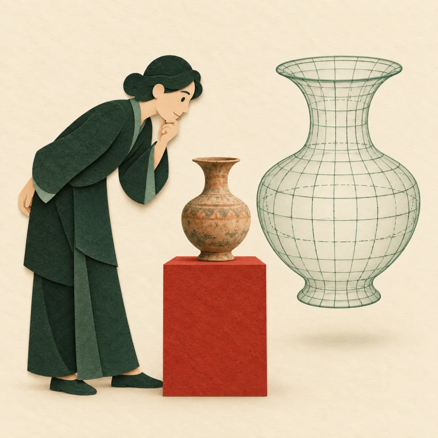A craftsman compares an ancient vase with its 3D wireframe model