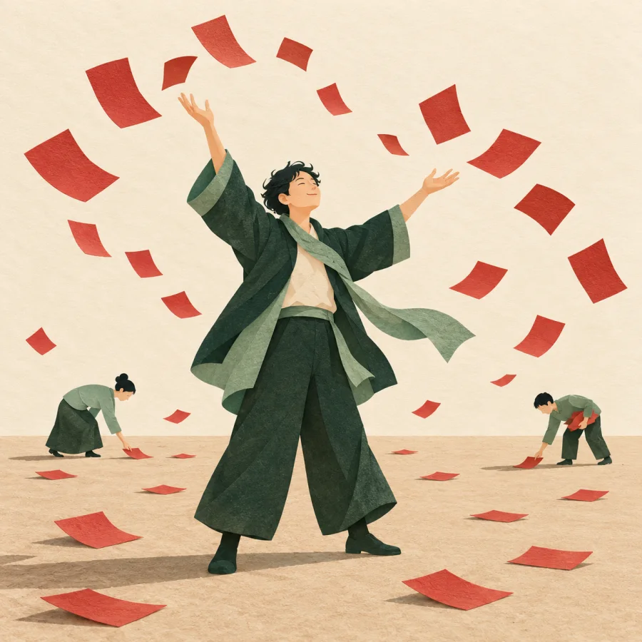 A person throws leaflets that scatter across a plaza in the wind