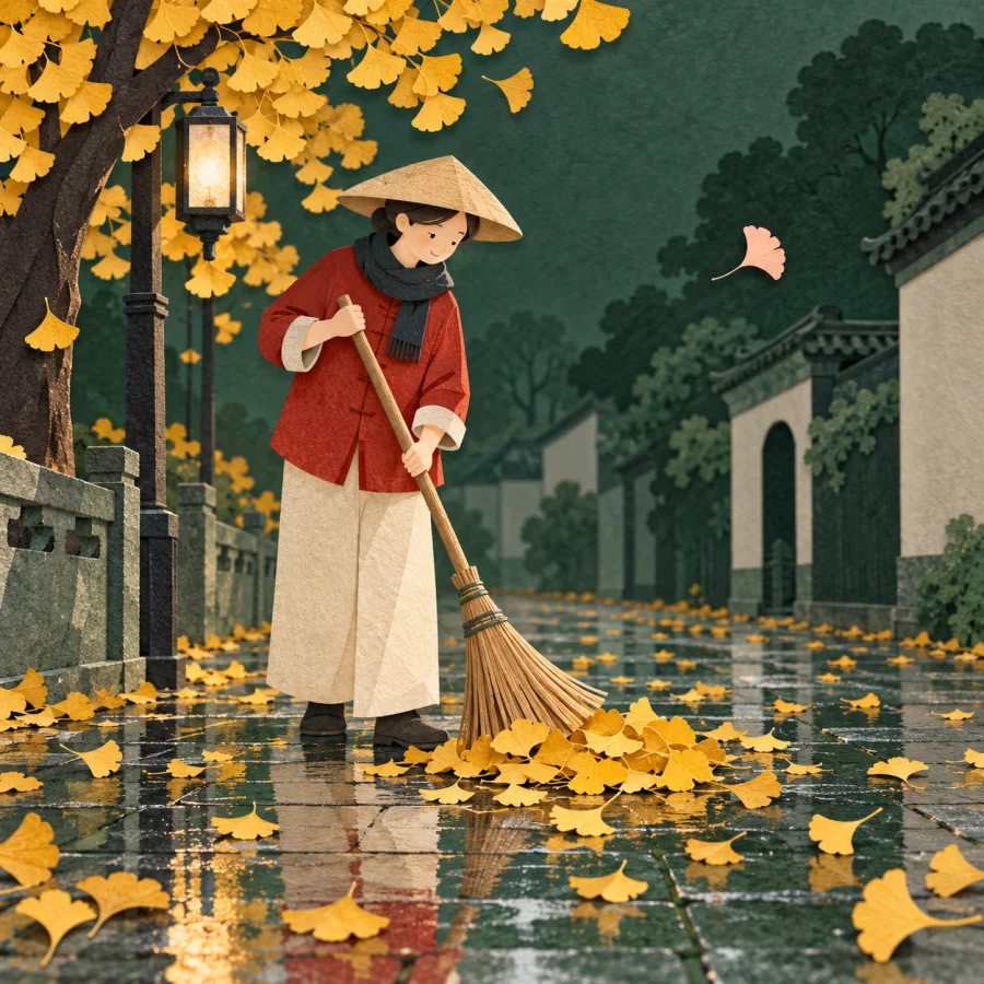 Autumn leaves lie scattered on wet pavement as a person sweeps them