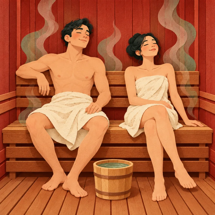 Two people relax in a sauna cabin, with a water bucket nearby