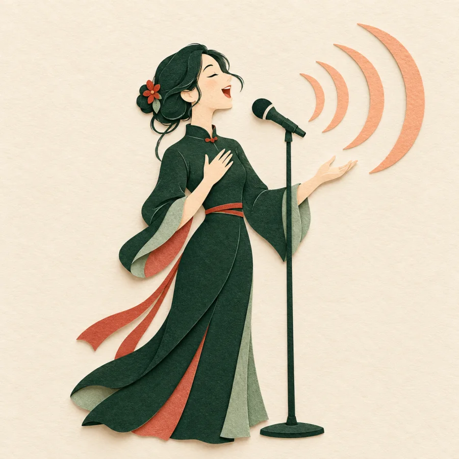 A person singing with sound waves radiating outward