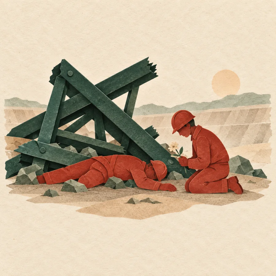 A miner's figure lies still near fallen beams as a family mourns