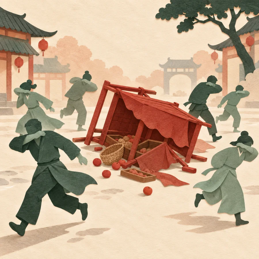 A crowd scatters across a square past an overturned wooden stall