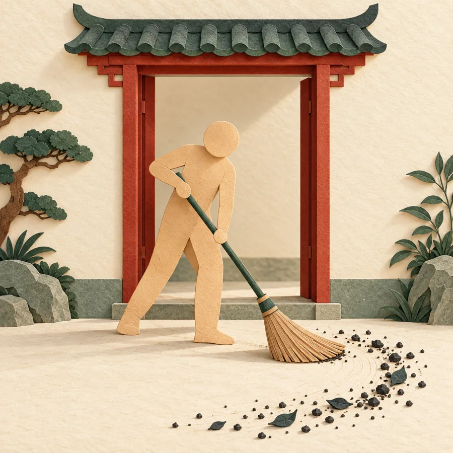 A person sweeps dark debris out of a doorway with a large broom