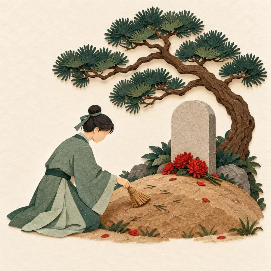 A person with flowers and a broom before a grave mound under a pine