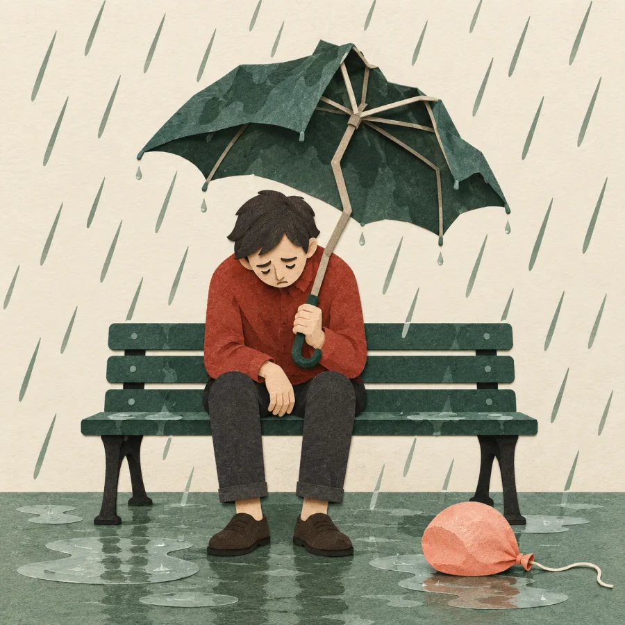 A glum person sits in the rain on a bench with a bent umbrella