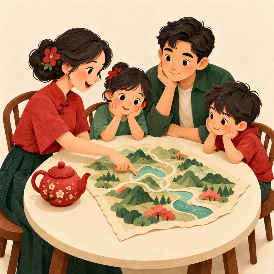 A woman points at a map during a family meeting at a round table