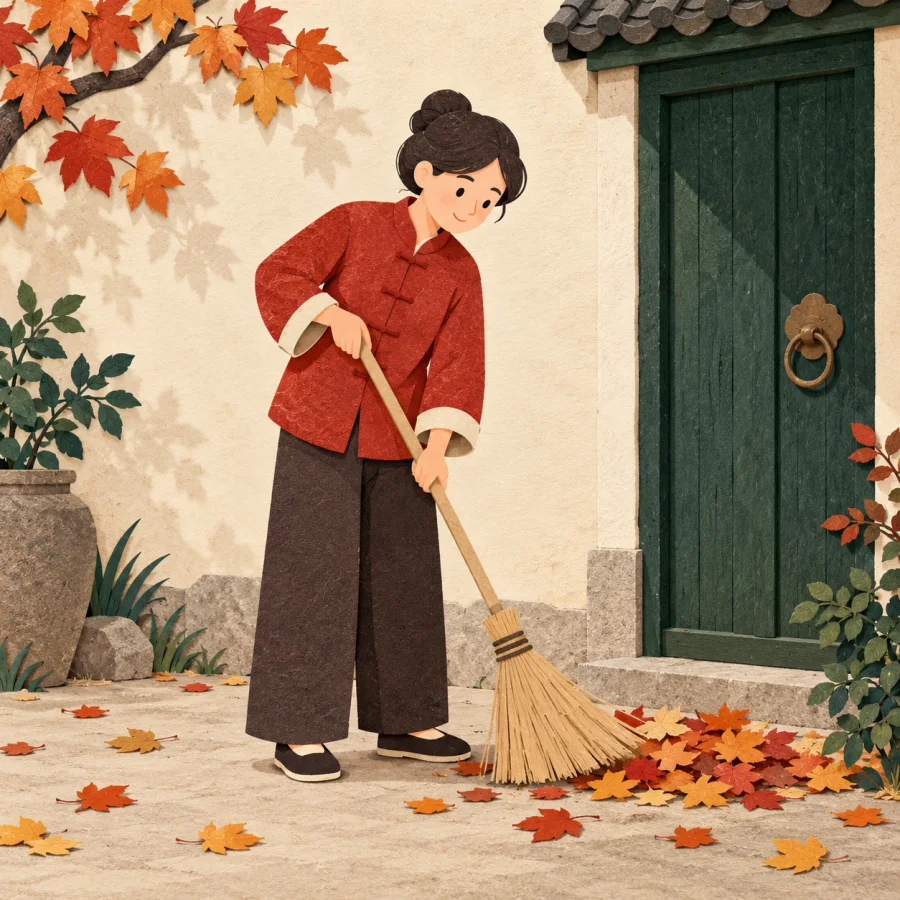 A person sweeps a courtyard with a broom near a pile of leaves