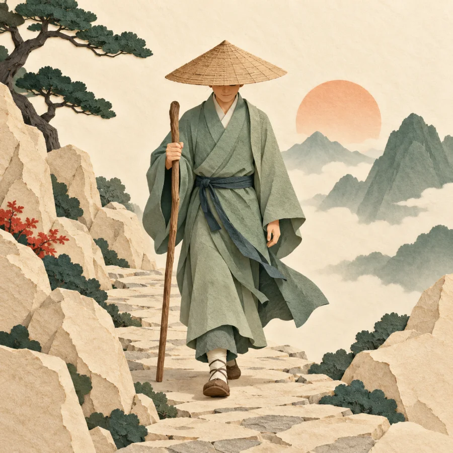A monk in a jade robe walks along a stone mountain path with a staff