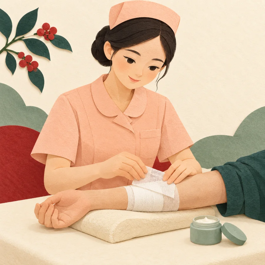 A nurse gently places a translucent gauze pad on a patient's arm