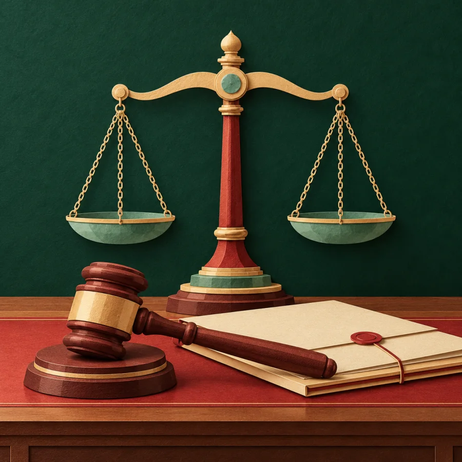 Scales of justice in a courtroom next to a gavel