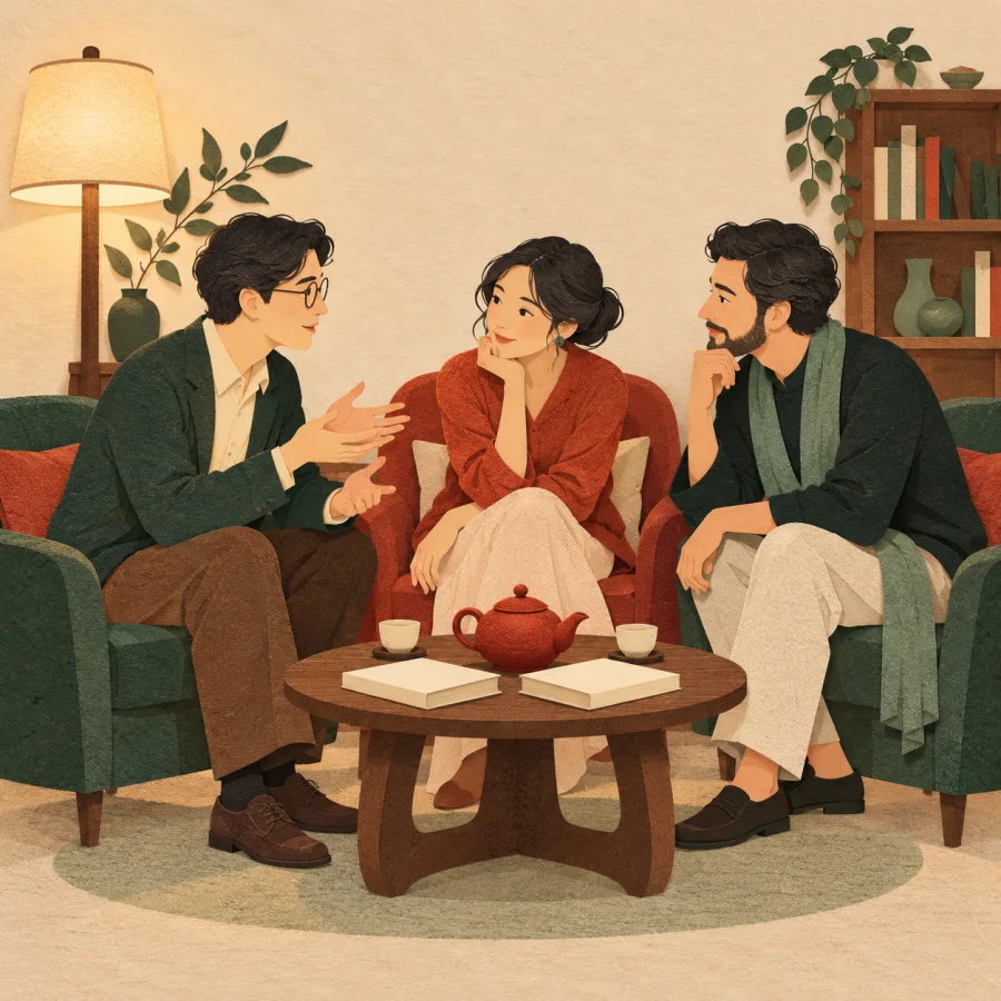 Guests talking in armchairs at an evening salon in a study