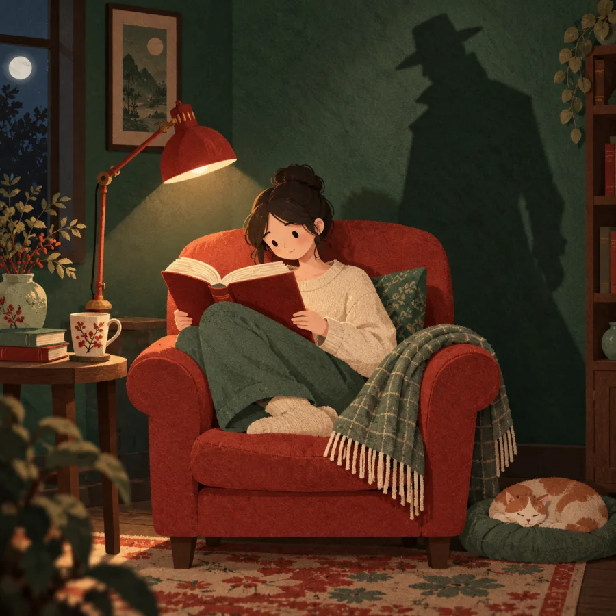 A reader in an armchair with a shadowy long-coated figure on the wall
