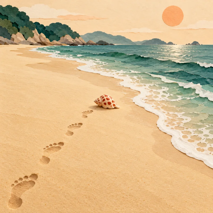 Footprints across a calm sunny sandy beach with a small shell