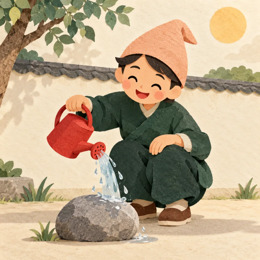 A person in a pointed cap watering a stone with a watering can