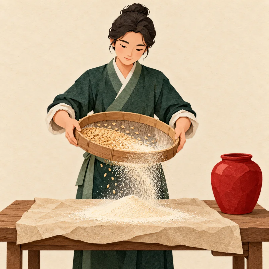 A person sifting grain through a round sieve over a cloth