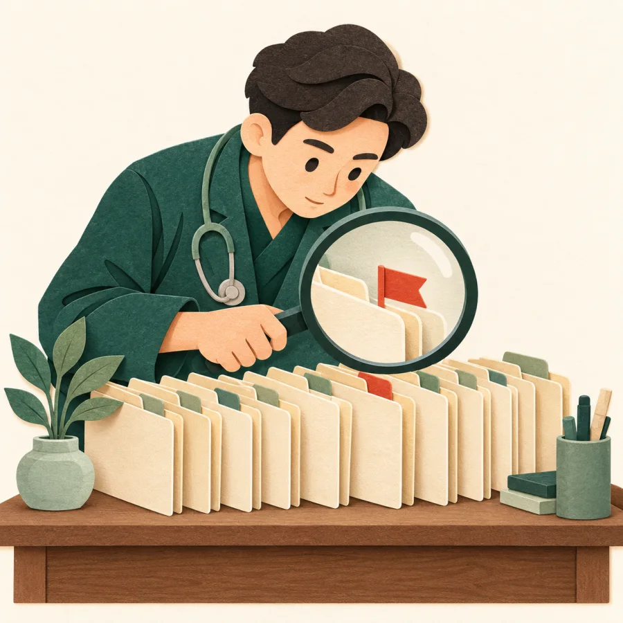 A doctor examining a row of files through a magnifying glass