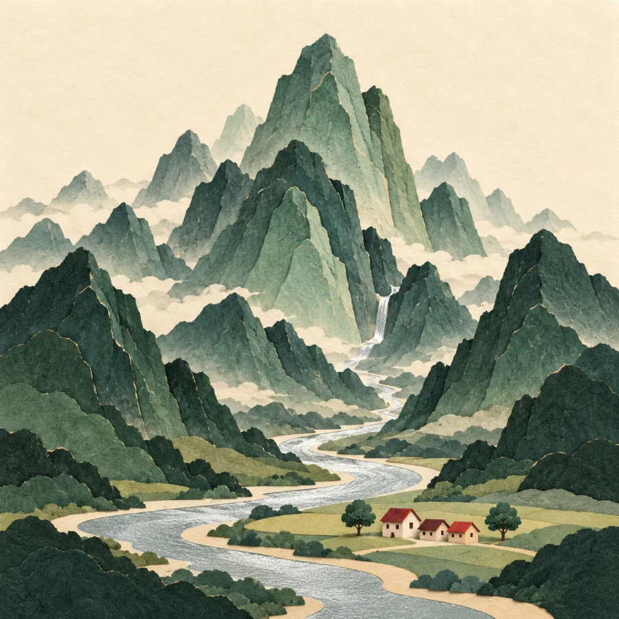 Mountains and a winding river with a small village below