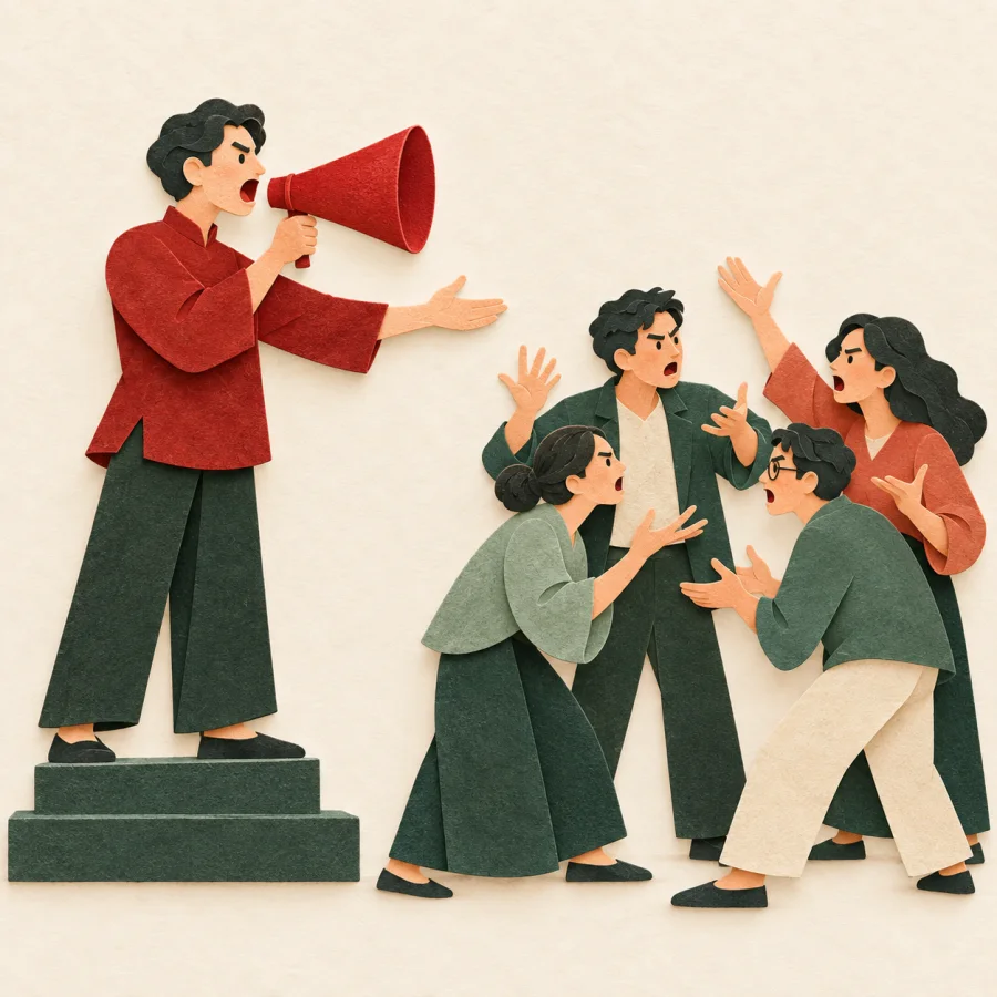 A speaker with a megaphone addressing an agitated crowd