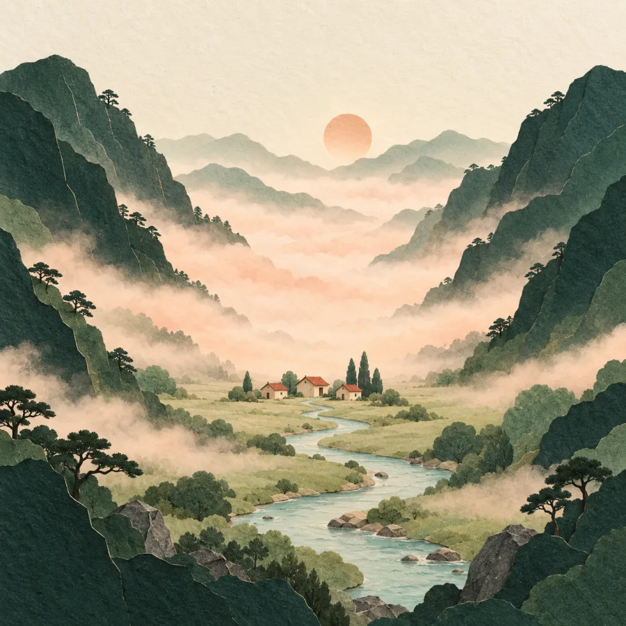 A valley between mountain slopes shrouded in morning mist
