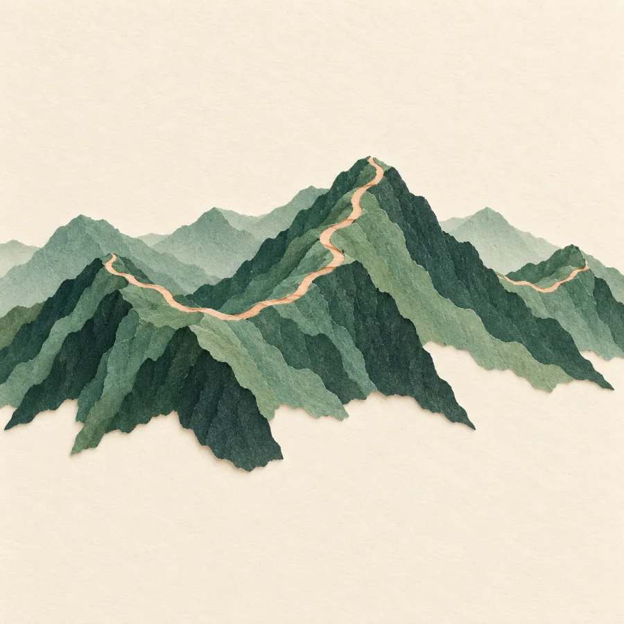 A jade mountain ridge stretches across a cream sky.