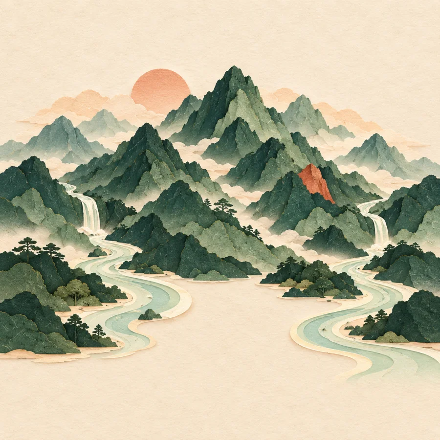 A chain of peaks with rivers flowing on both sides.