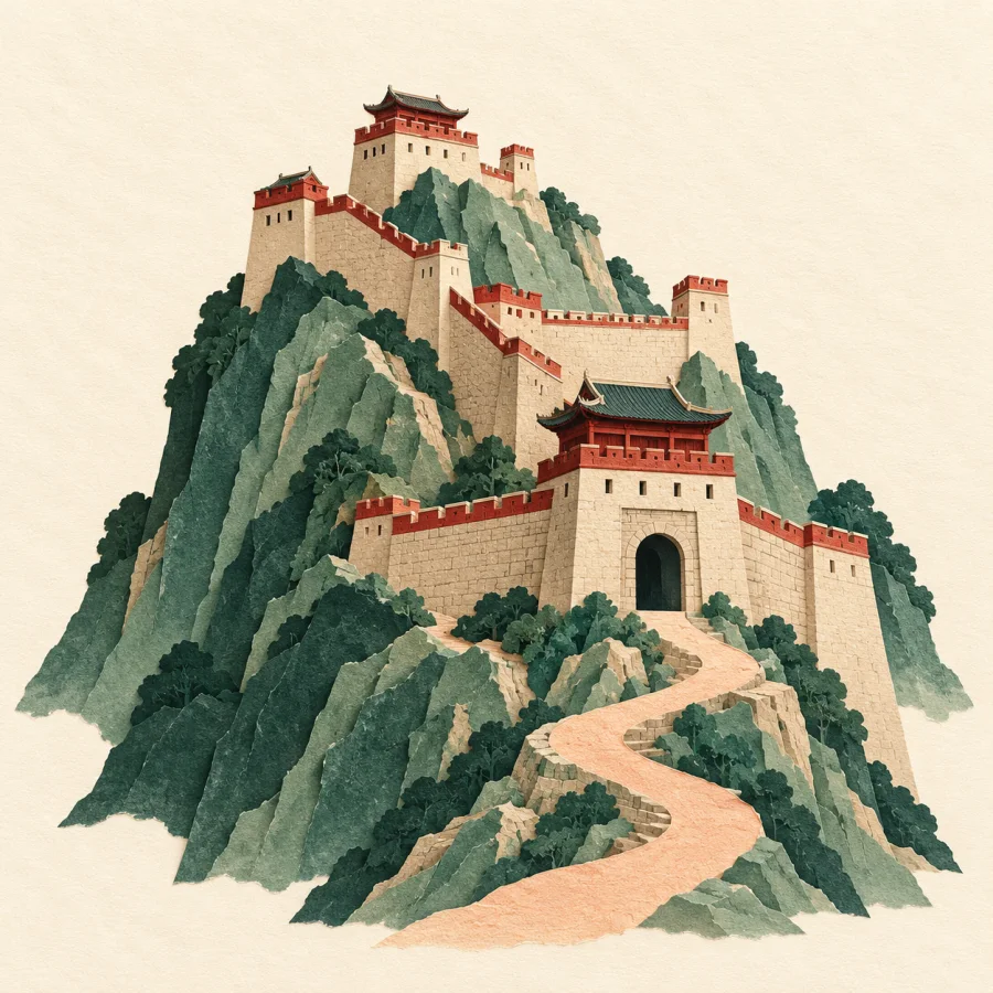 An old mountain stronghold with a gate tower on the slope.
