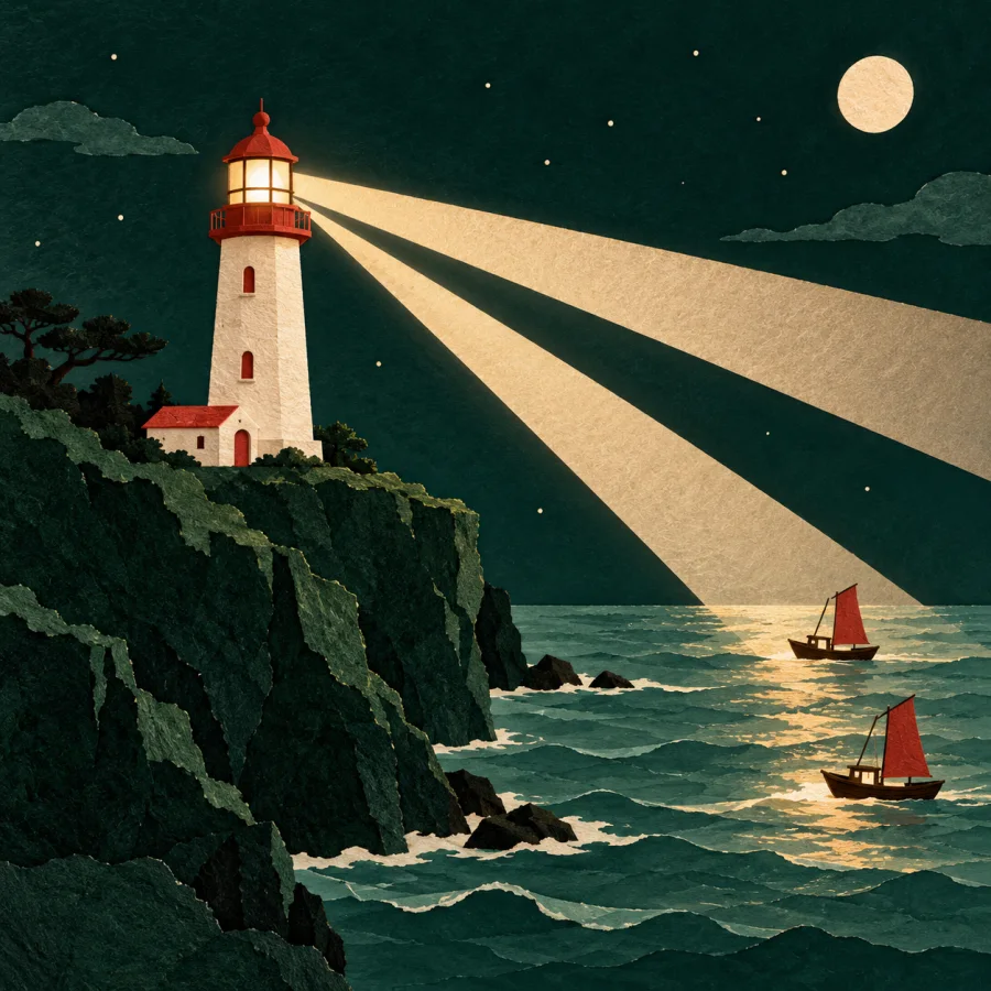 A lighthouse on a cliff flashes toward small boats.