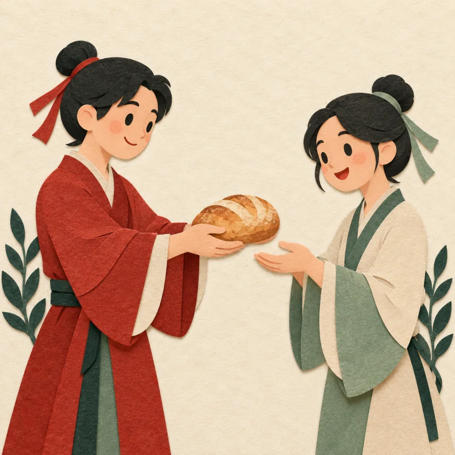 A person offers bread to another with both hands.