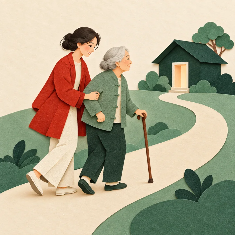 A daughter supports her elderly father walking with a cane