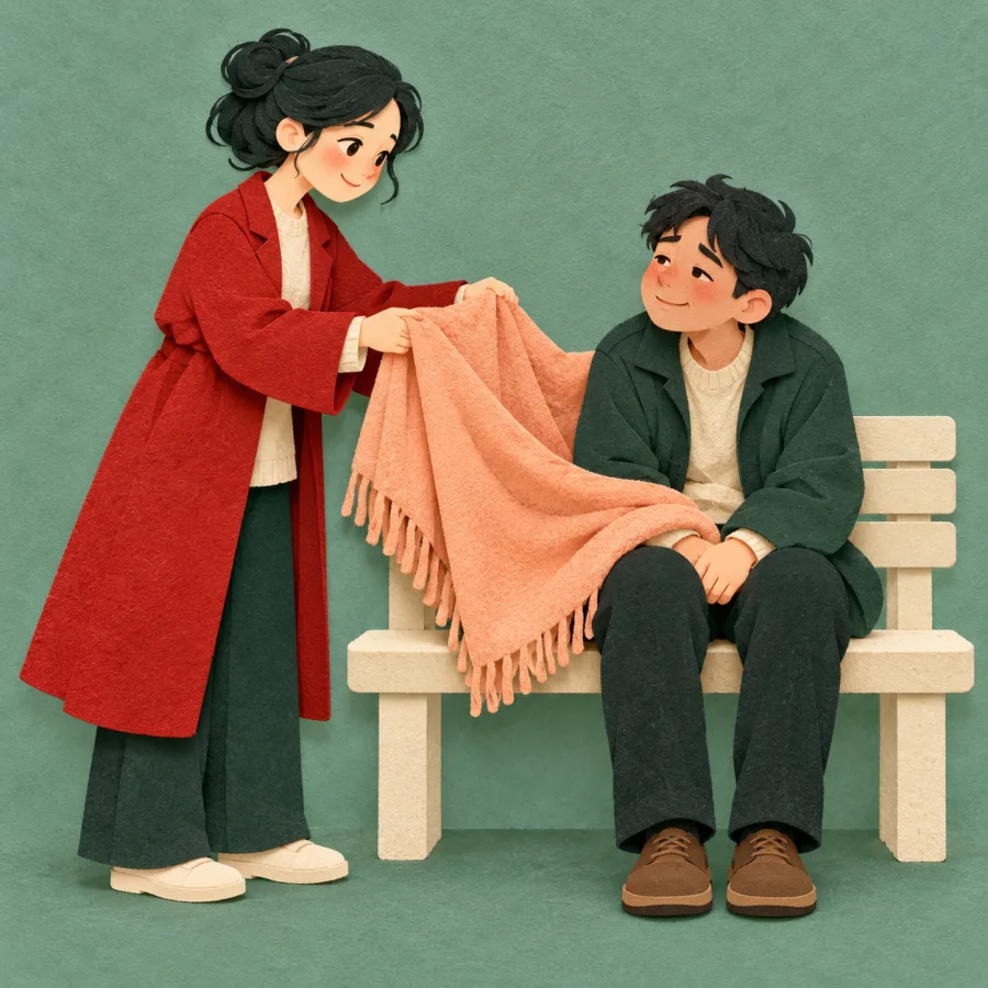 A person offers a warm blanket to a tired neighbor