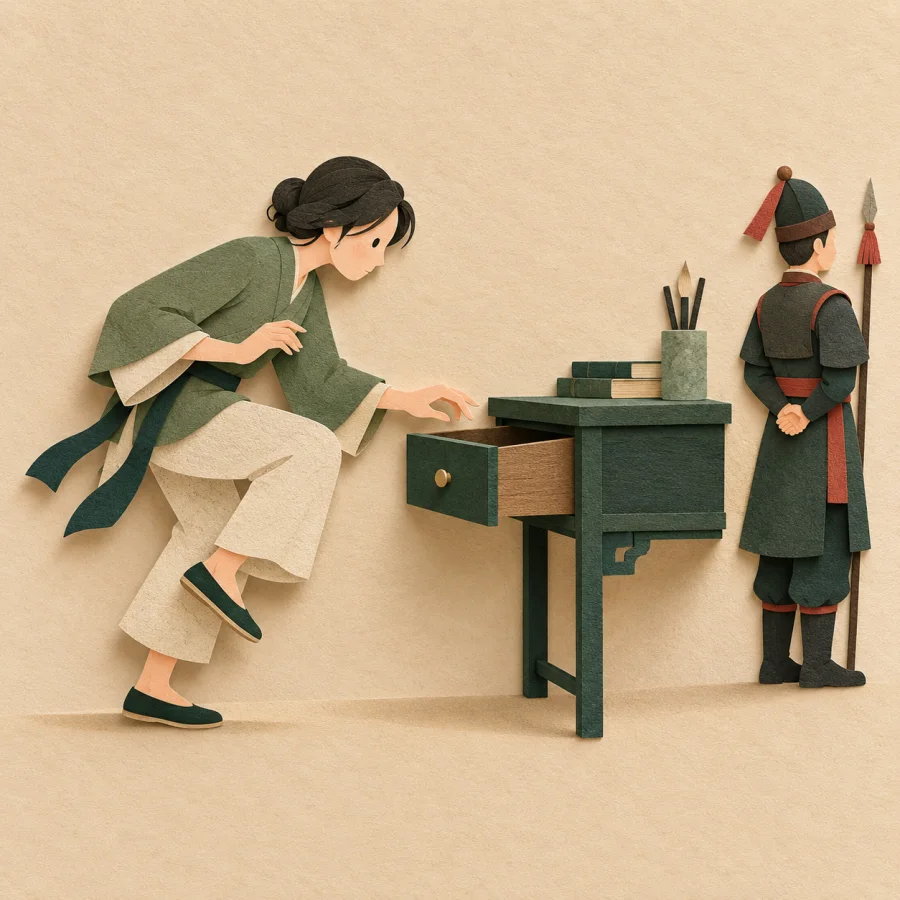 A person quietly opens a desk drawer while the guard looks away