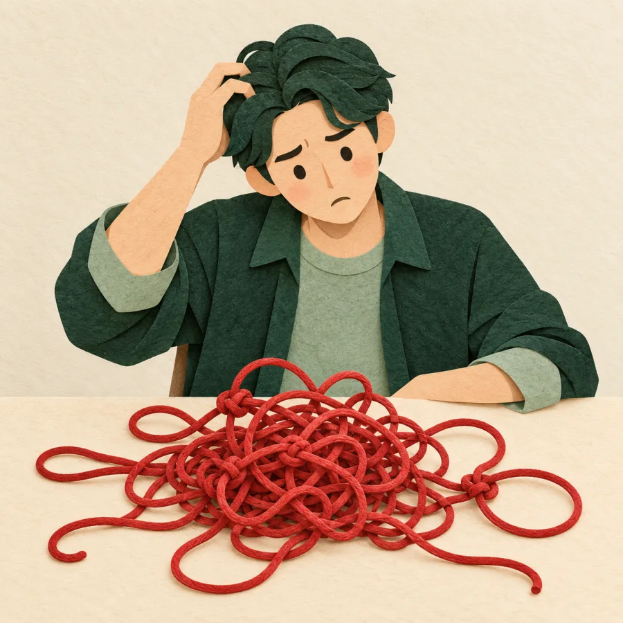 A person scratches their head over a tangle of knotted threads