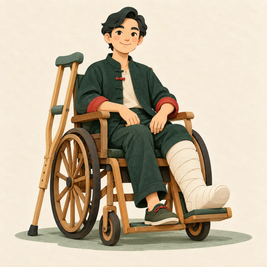 A person with a bandaged leg sitting in a wooden wheelchair
