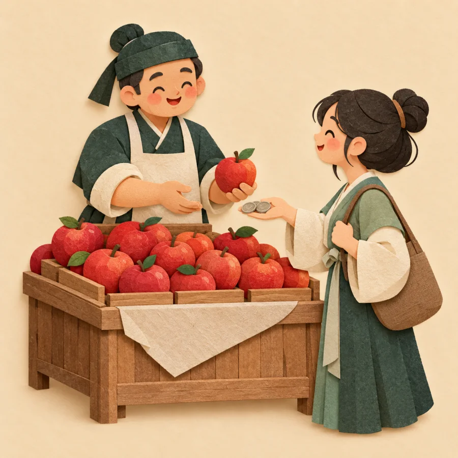 A street vendor behind a wooden stall with red apples
