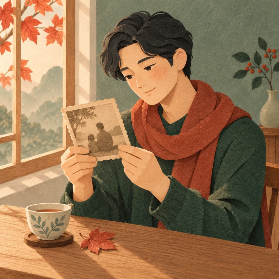 A person by a window holding an old photograph