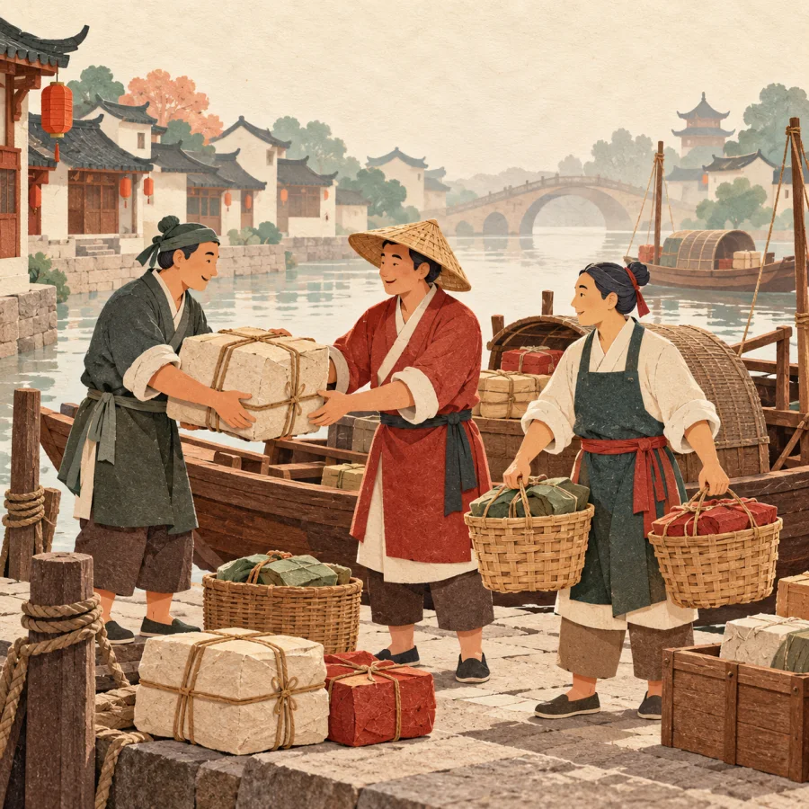 Merchants with goods beside boats in an old river town