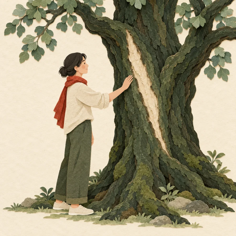 A person touching a scar on an old tree trunk