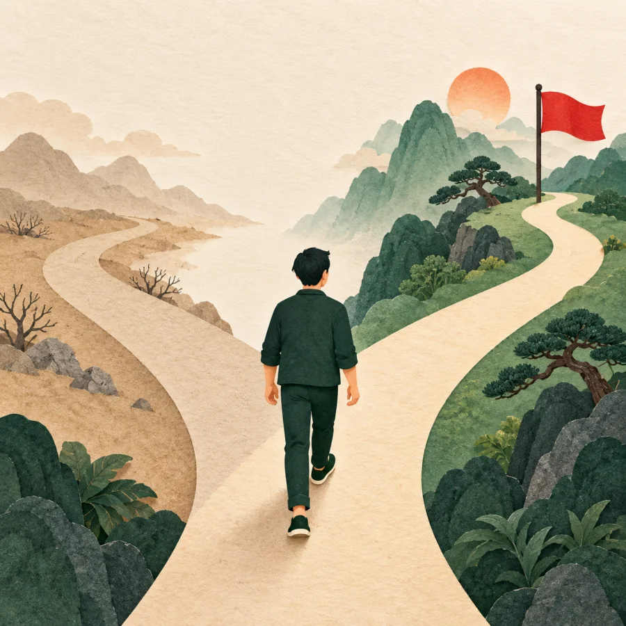 A person chooses a path marked by a red flag at a fork