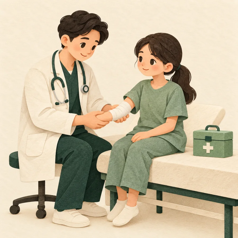 A doctor checks a patient's bandaged arm beside a first-aid kit