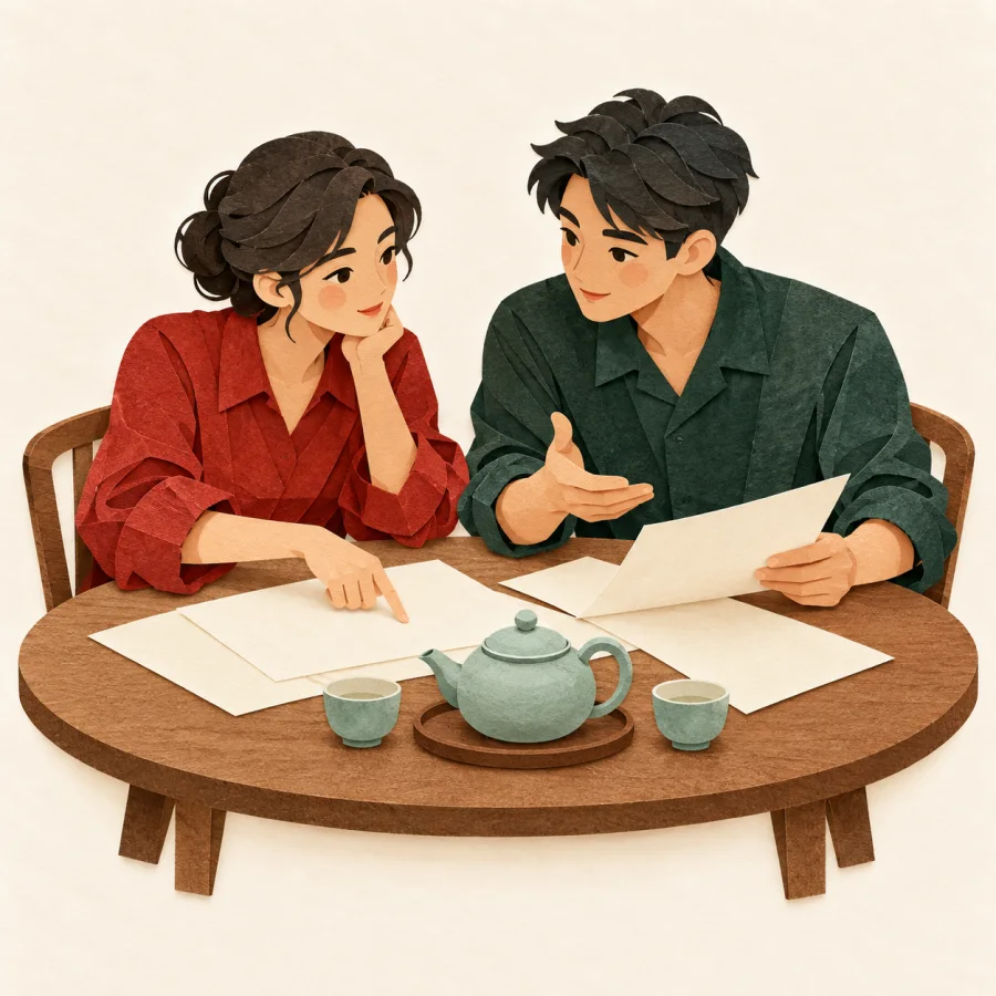 Two people discuss documents over tea at a table