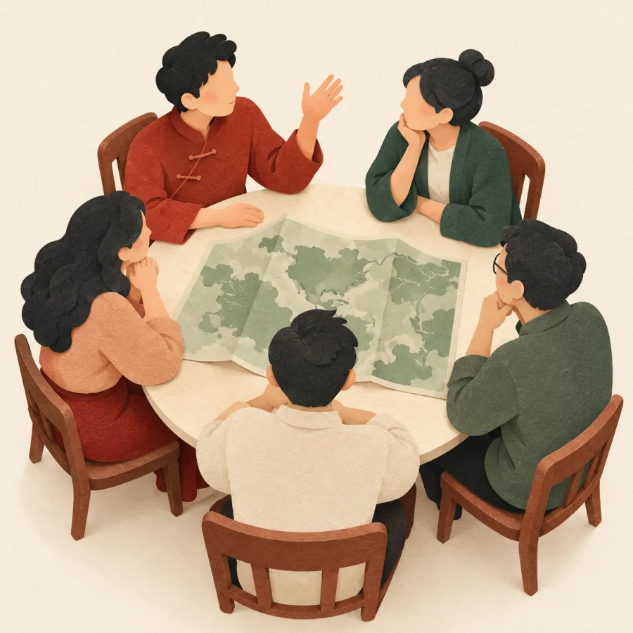 People sit around a table with a map, one raising a hand