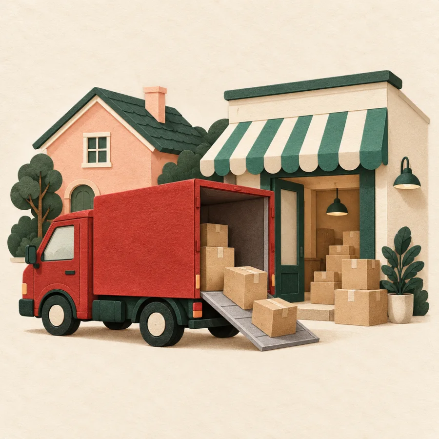 A red truck unloads boxes at a shop next to a house