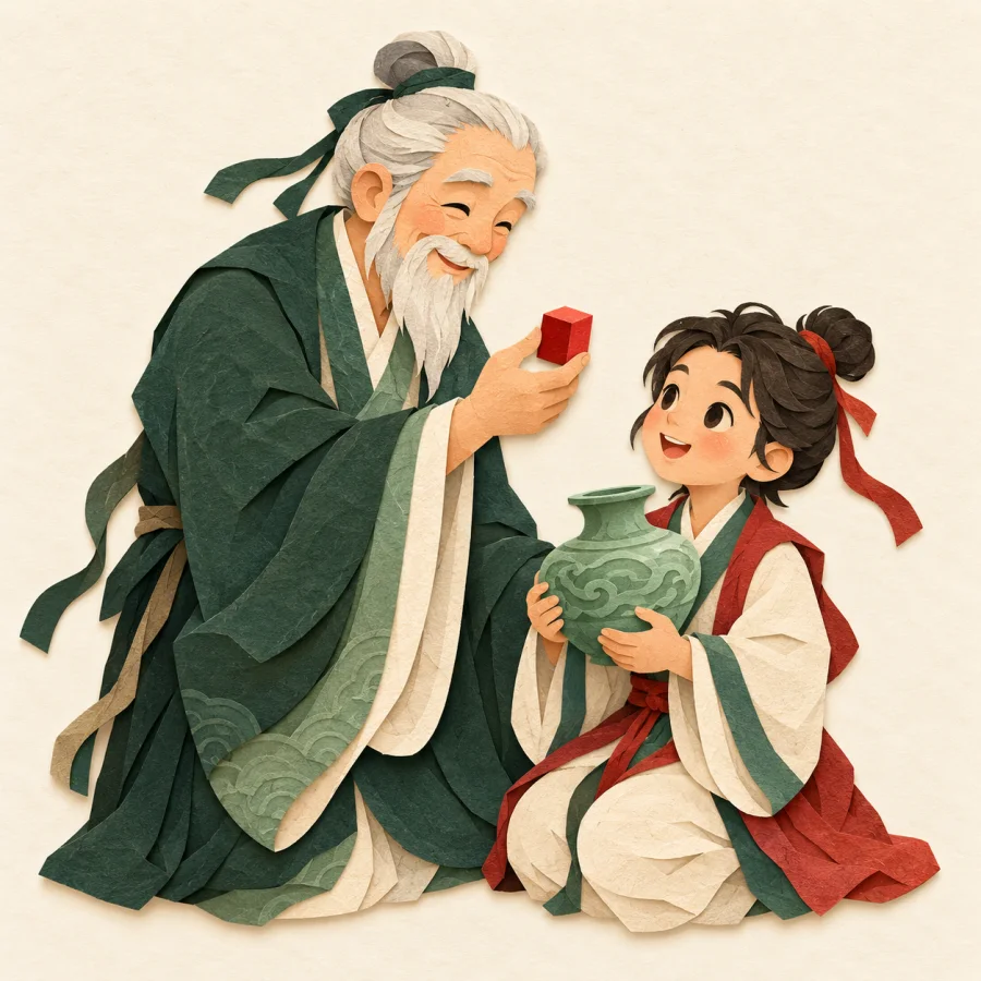 A mentor smiles approvingly at a young student holding his work