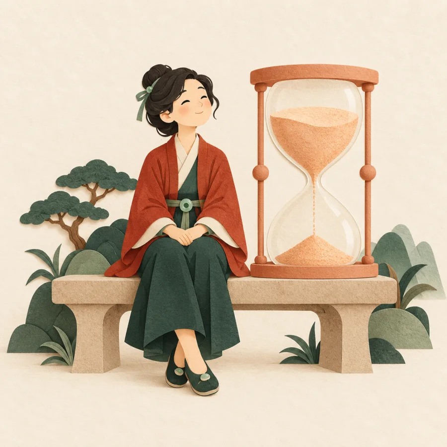 A person waits by an hourglass with sand still on top