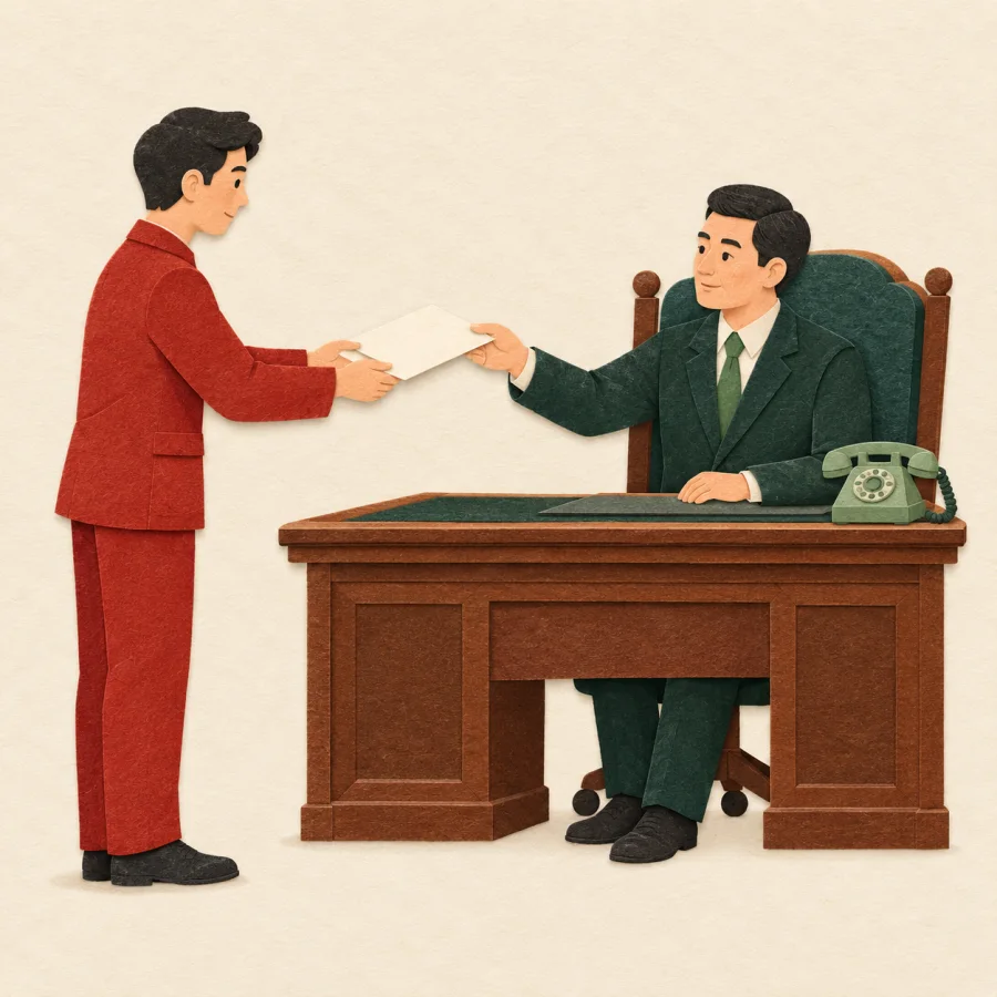 A worker hands a document to a seated superior at a desk